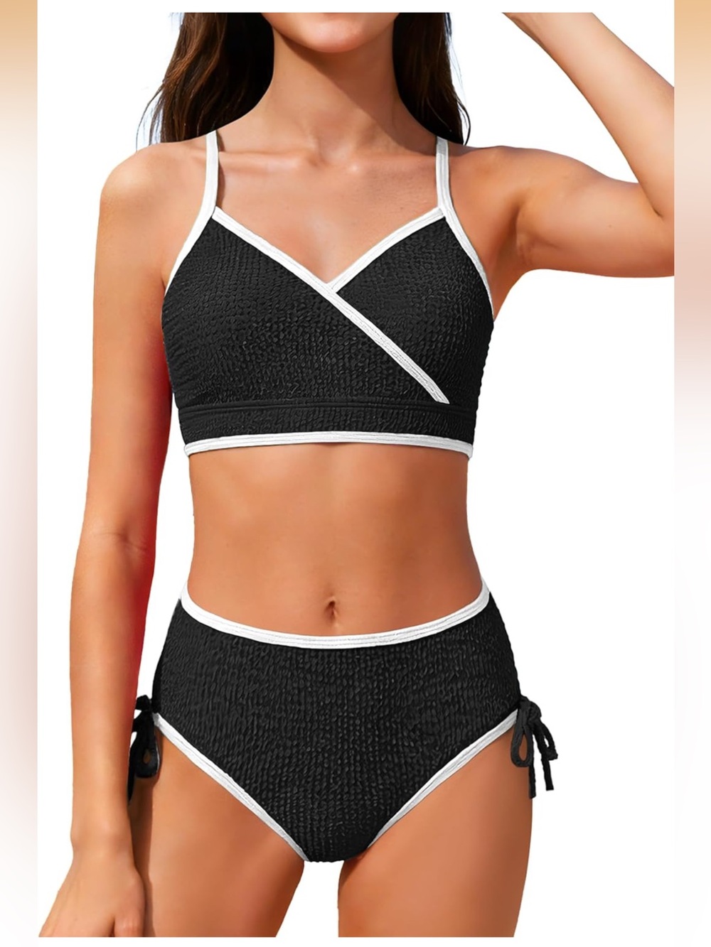 Black Bikini Set White Trim Girls Adjustable Straps Back Cutout Bow Tie nwot